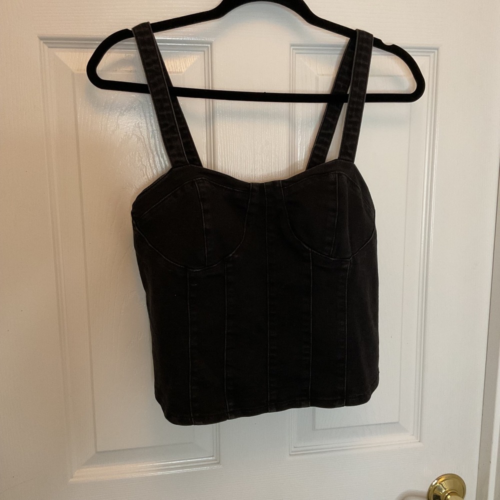 OAT NY Women Black Denim Corset Top Bustier Small Side Zip Smocked Back NWT